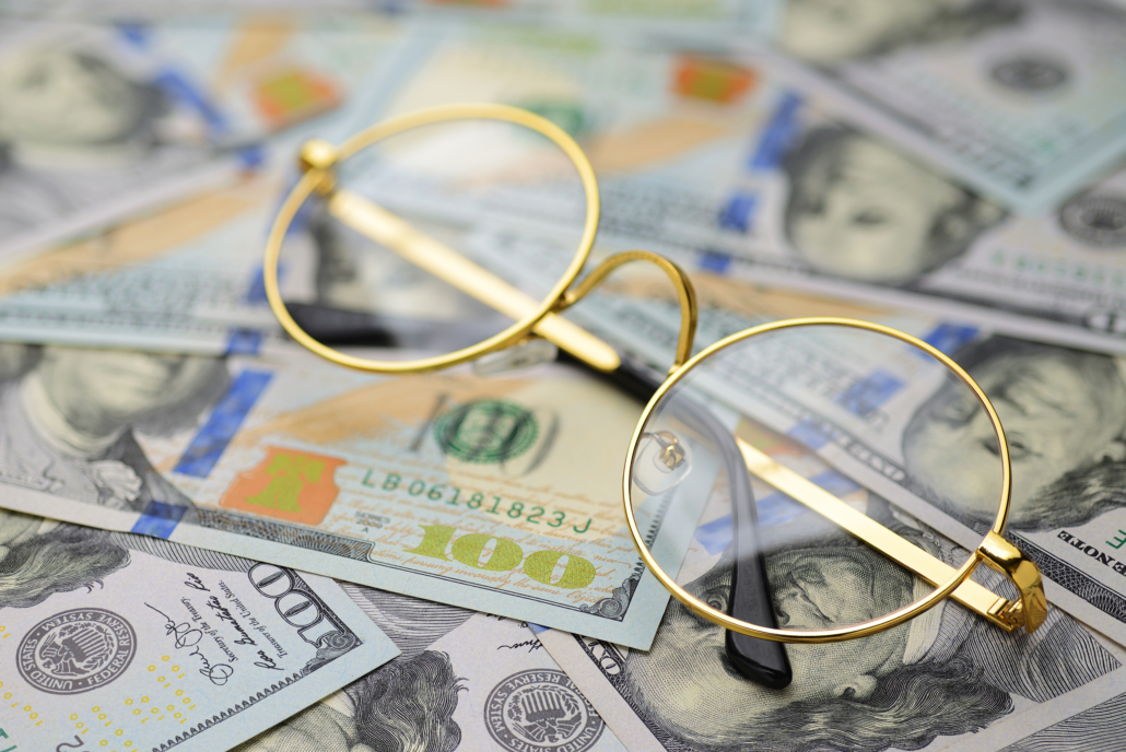 Gold filled wire rim eyeglasses with 100 dollar bills